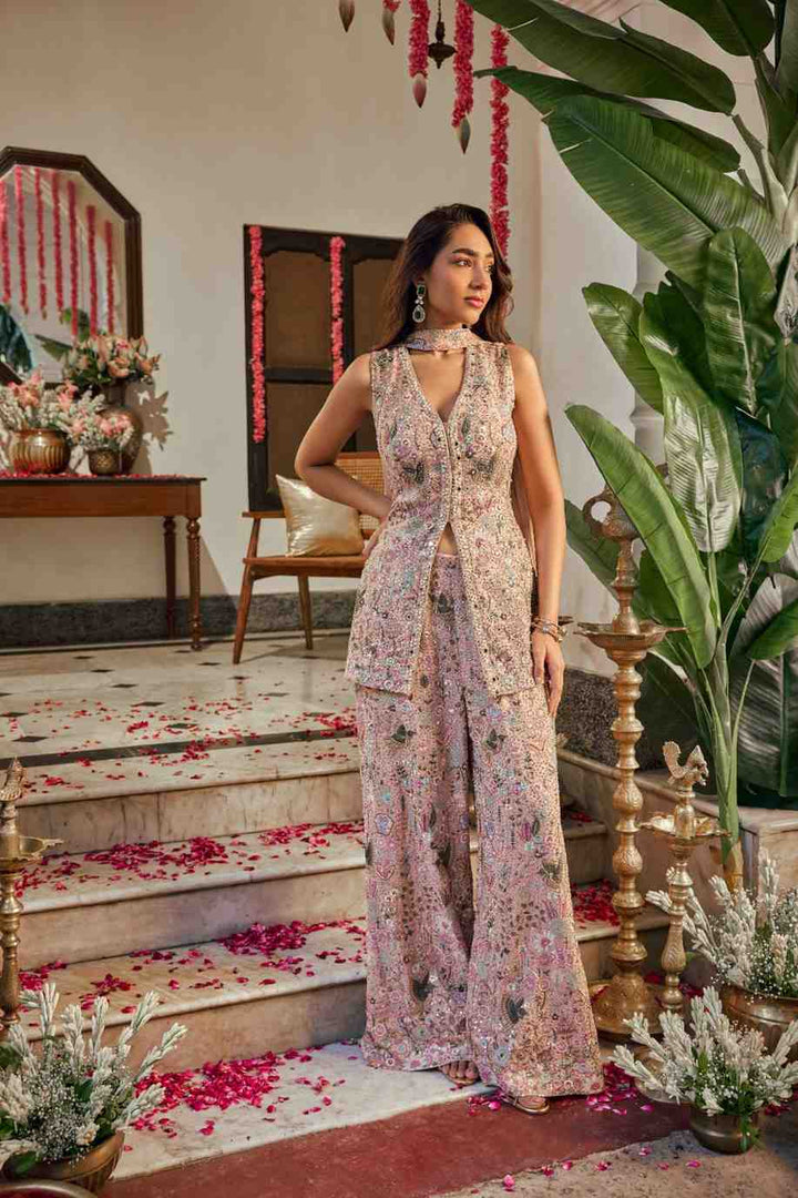 Baby Pink Georgette Multi Heavy Embroidery Palazoo Set