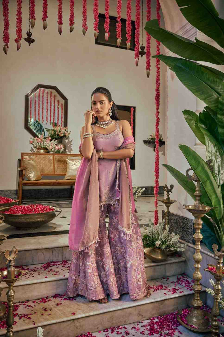 Lavender Tissue Hand Embroidery Palazoo Set