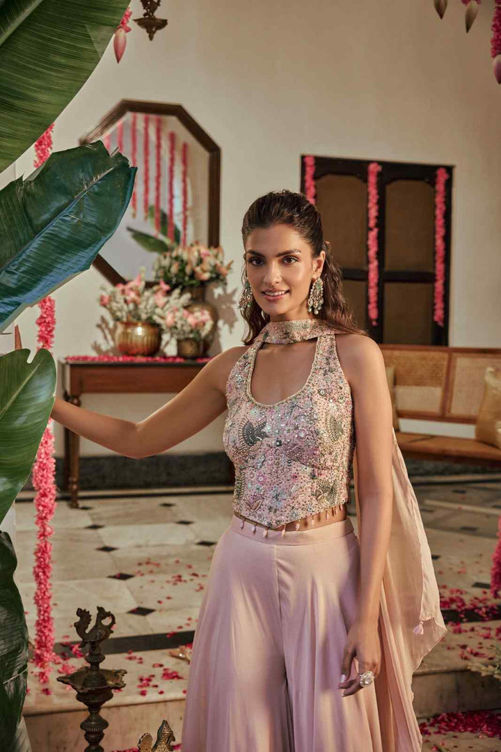 Onion Pink Georgette Hand Embroidery Crop Top Palazoo Set