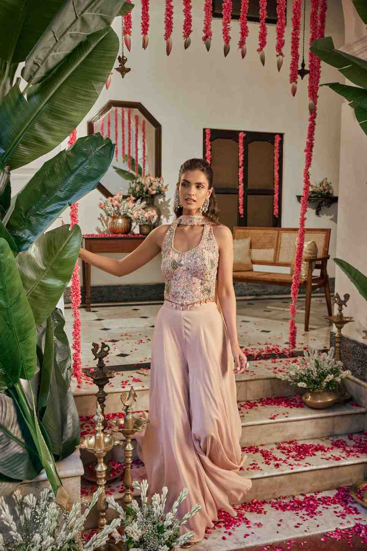 Onion Pink Georgette Hand Embroidery Crop Top Palazoo Set