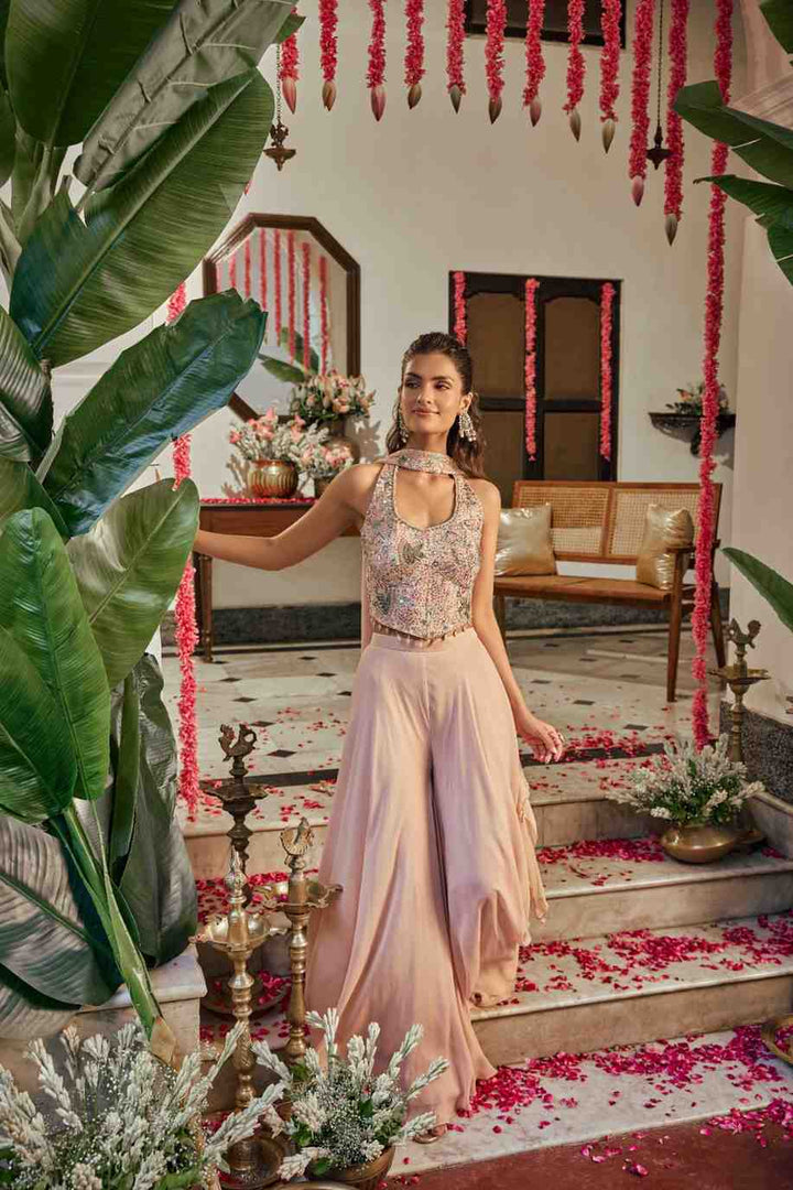 Onion Pink Georgette Hand Embroidery Crop Top Palazoo Set