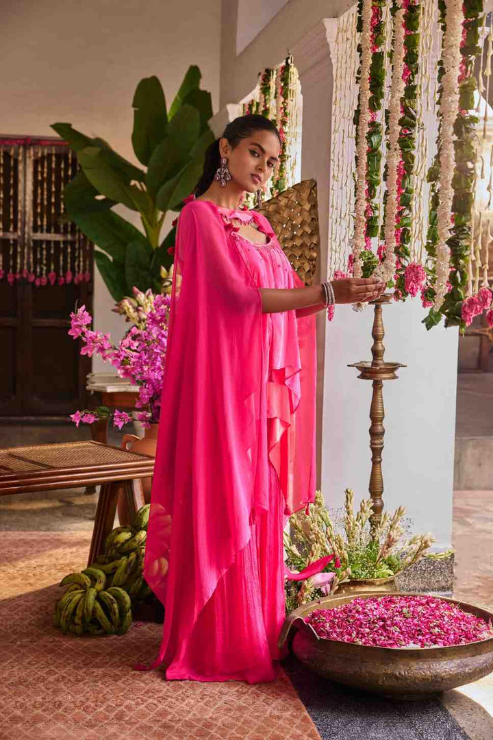 Pink Silk Printed Peplum Set With Palazoo