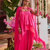 Pink Silk Printed Peplum Set With Palazoo