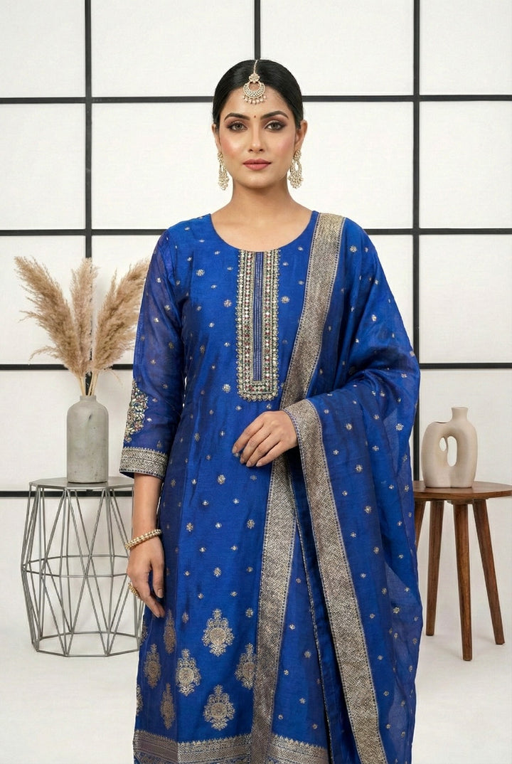 Royal Blue Silk Printed Three Piece Set