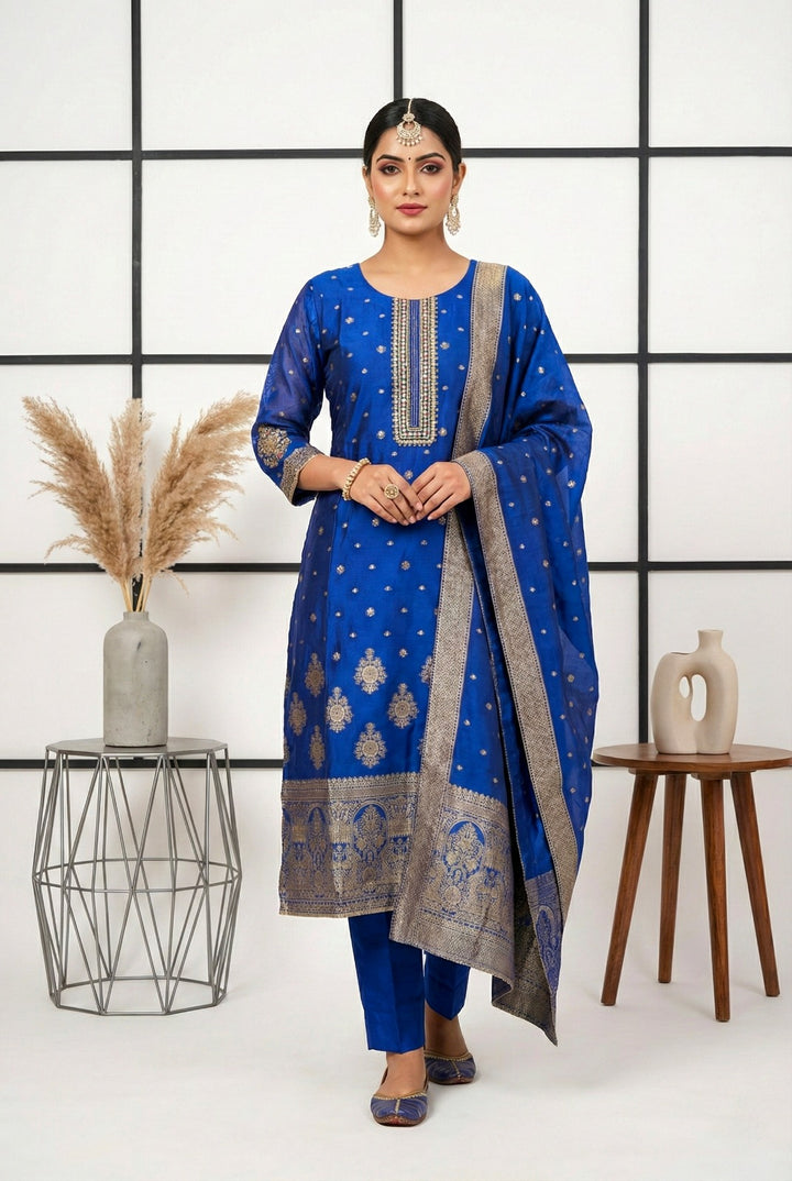 Royal Blue Silk Printed Three Piece Set