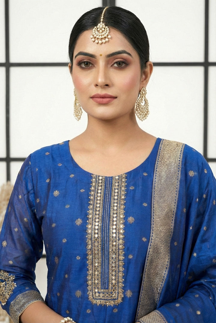 Royal Blue Silk Printed Three Piece Set