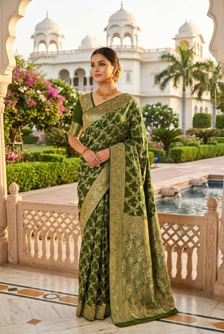 Mehadi Green Banaras Floral Pattu Saree