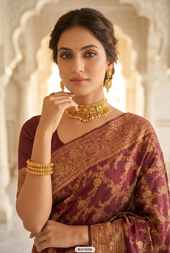 Brown Banaras Floral Pattu Saree