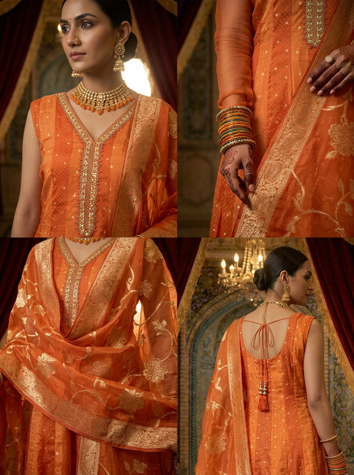 Orange Tissue Printed Three Piece Set