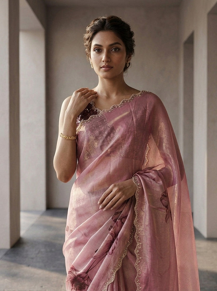 Magenta Satin Printed Saree