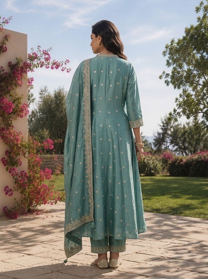 Sea Green Tissue Floral Zari Embroidered Three Piece Set