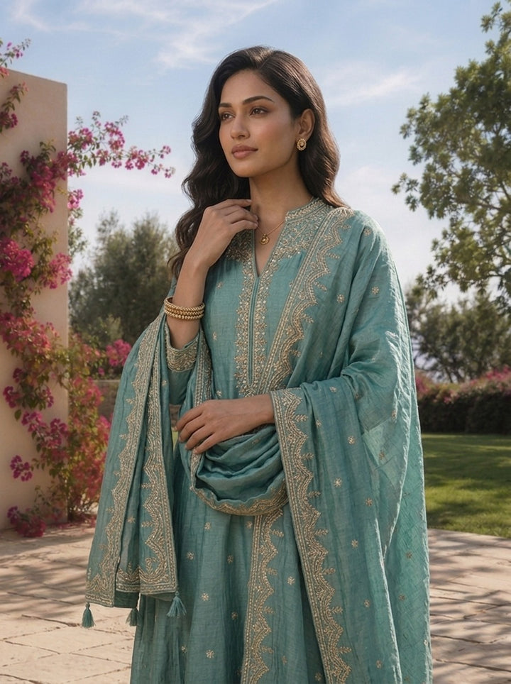 Sea Green Tissue Floral Zari Embroidered Three Piece Set