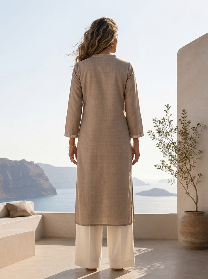 Beige Linen Solid Design And Patch Embroidered Kurta