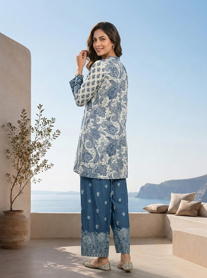 Teal Blue Paisley And Floral Printed Crepe Two Piece Set