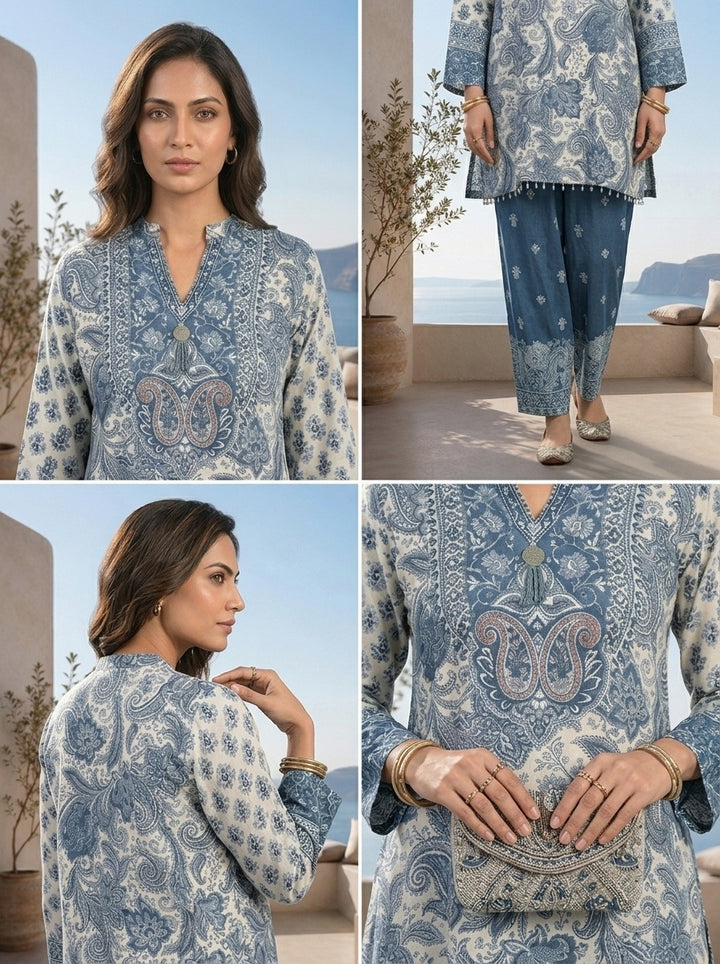 Teal Blue Paisley And Floral Printed Crepe Two Piece Set