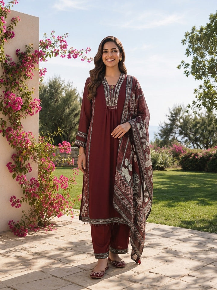 Maroon Solid Design Georgette Three Piece Set With Striped Design Dupatta