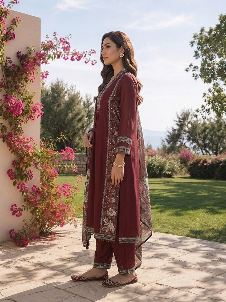 Maroon Solid Design Georgette Three Piece Set With Striped Design Dupatta