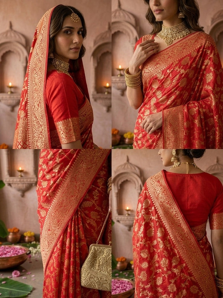 Rani Pink Banaras Weaved Floral Design Saree