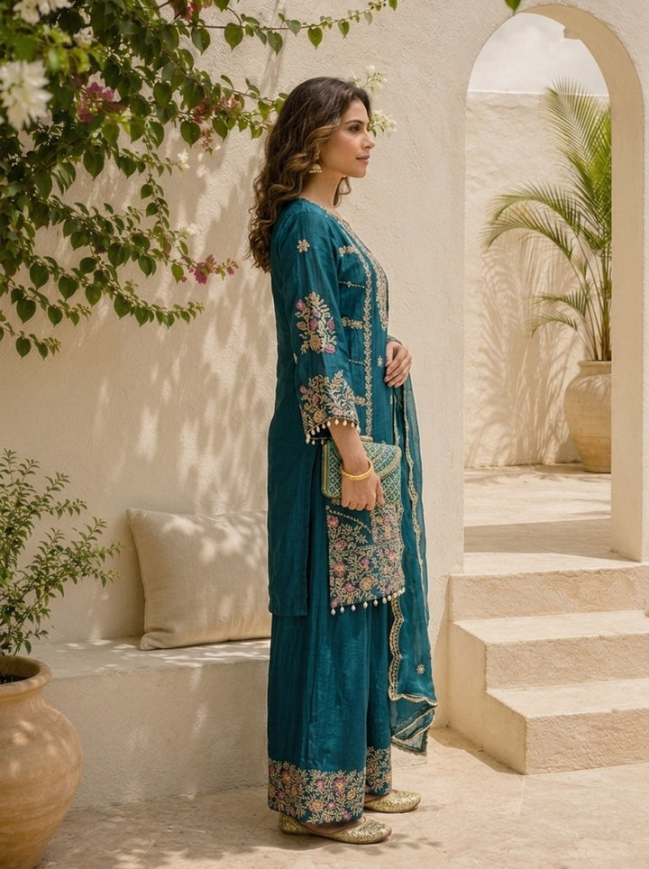 Teal Blue Chinon Zari Embroidered Three Piece Set