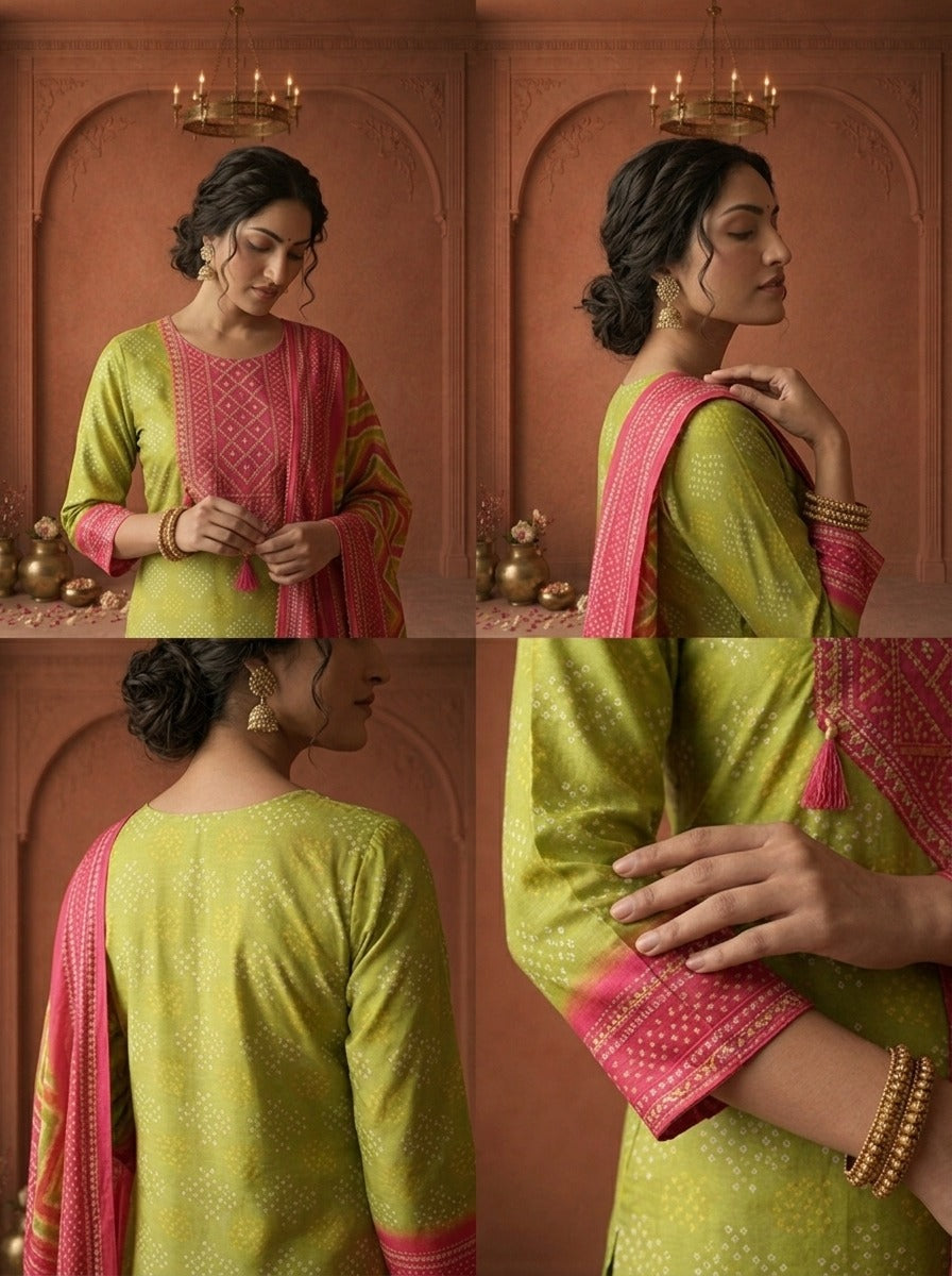 Mehadi Green Silk Bandhani Dot Printed Three Piece Set