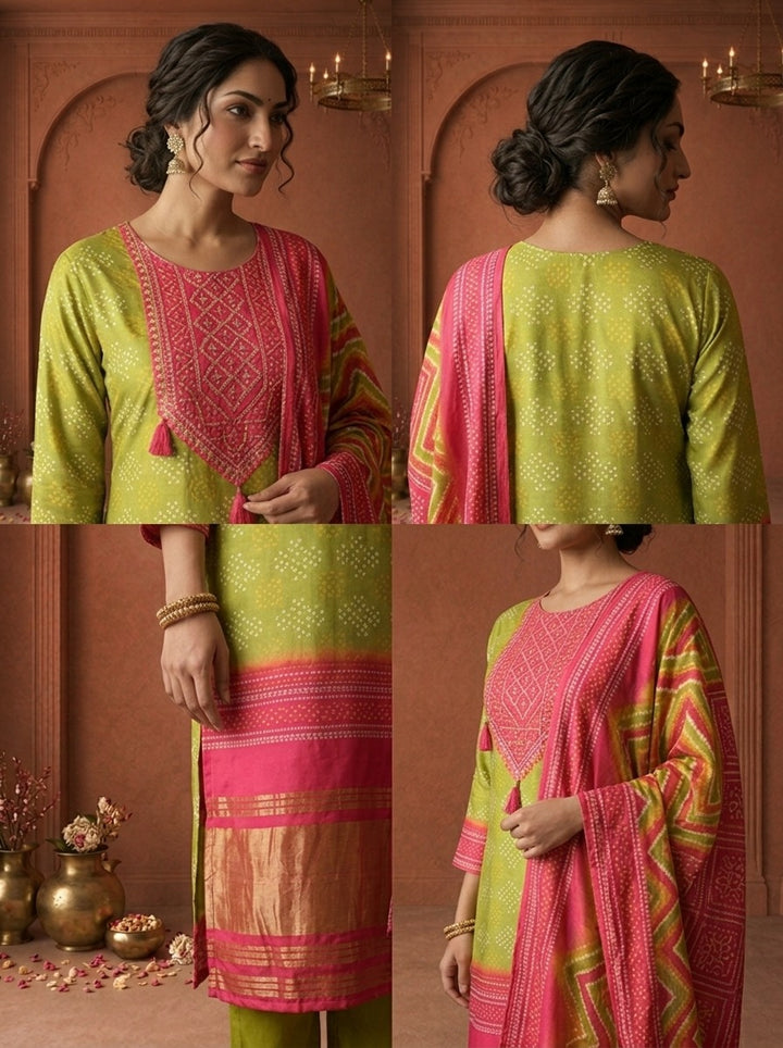 Mehadi Green Silk Bandhani Dot Printed Three Piece Set