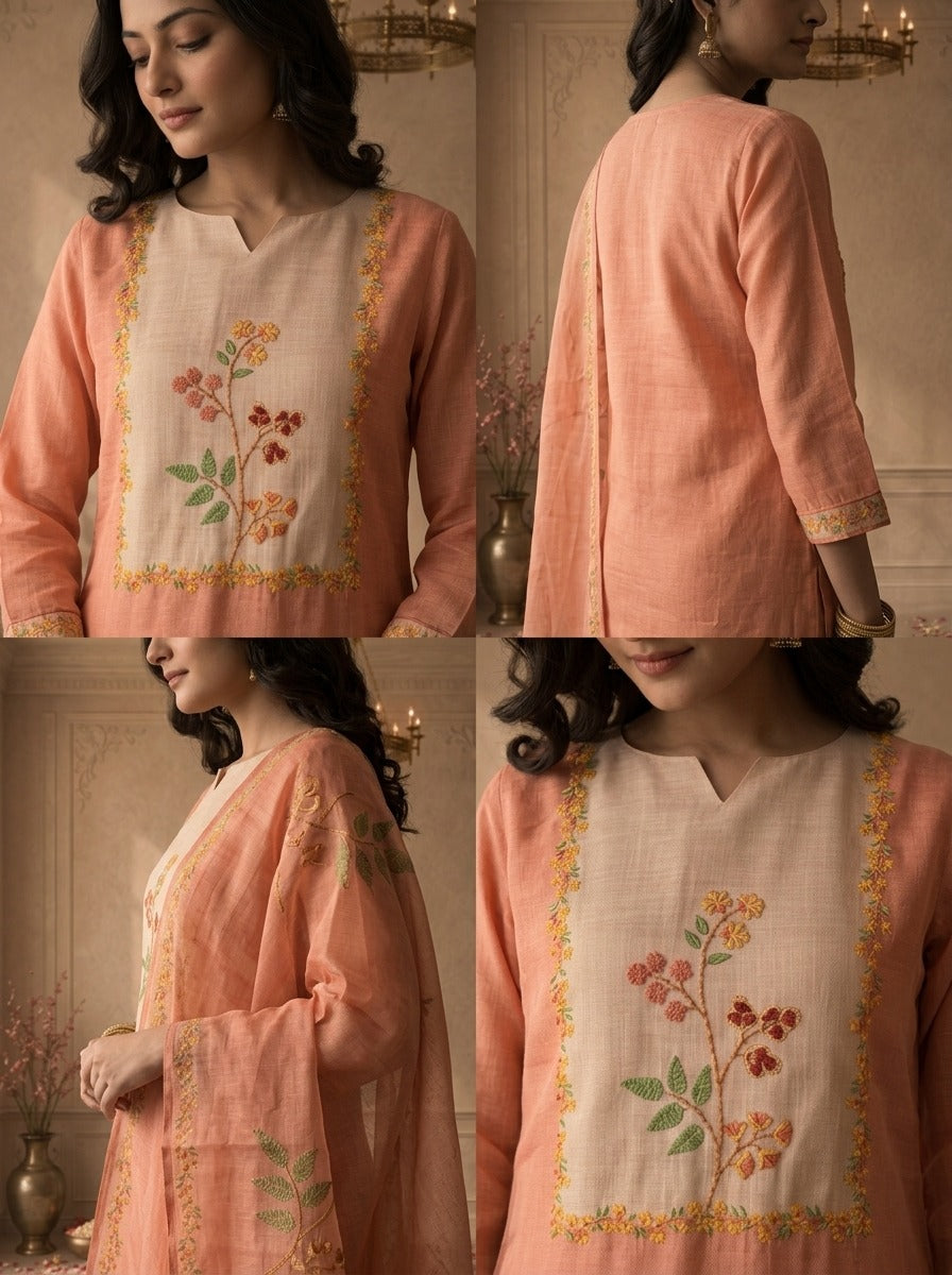 Peach Organza Floral Embroidered Three Piece Set