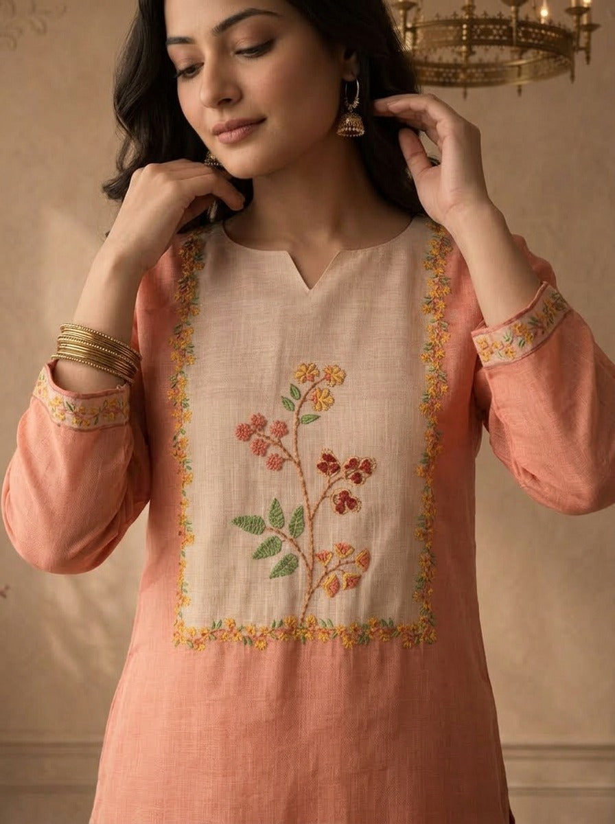 Peach Organza Floral Embroidered Three Piece Set