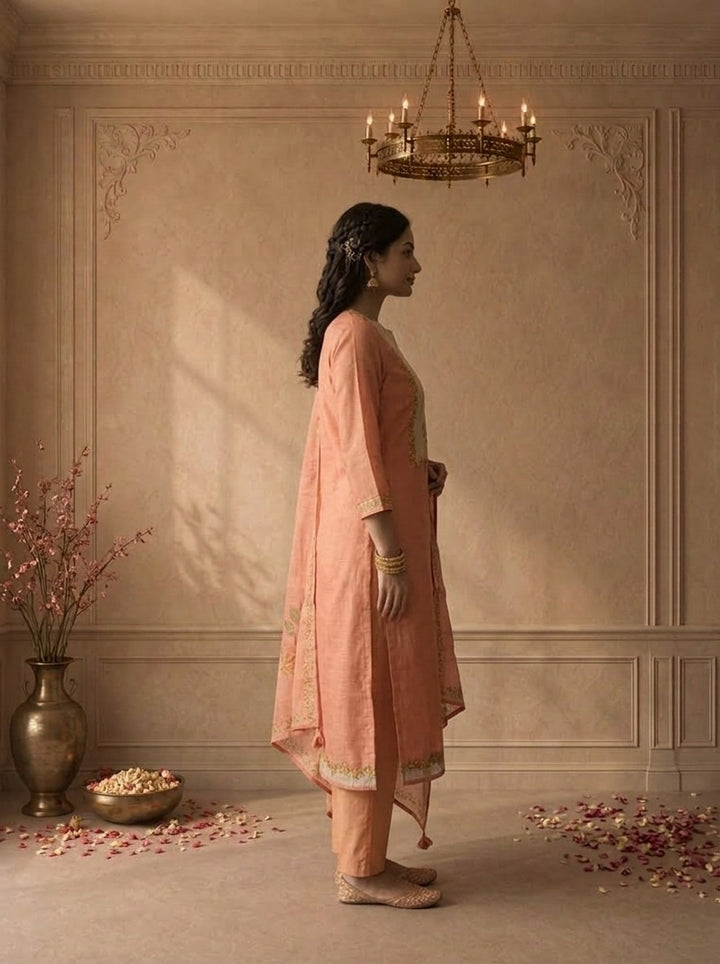 Peach Organza Floral Embroidered Three Piece Set