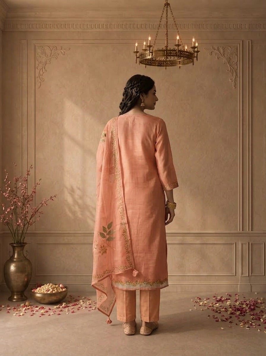 Peach Organza Floral Embroidered Three Piece Set