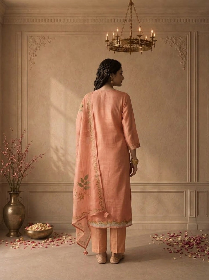 Peach Organza Floral Embroidered Three Piece Set