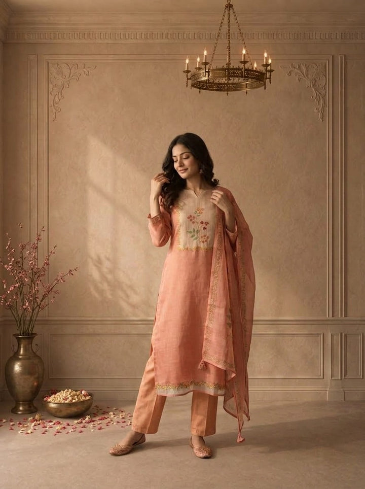 Peach Organza Floral Embroidered Three Piece Set