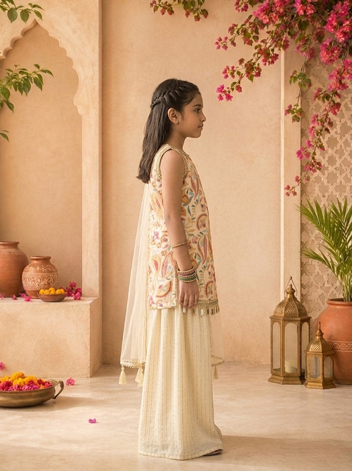 Cream Georgette Multicolor Kalamkari Printed And Embroidered Palazzo Set