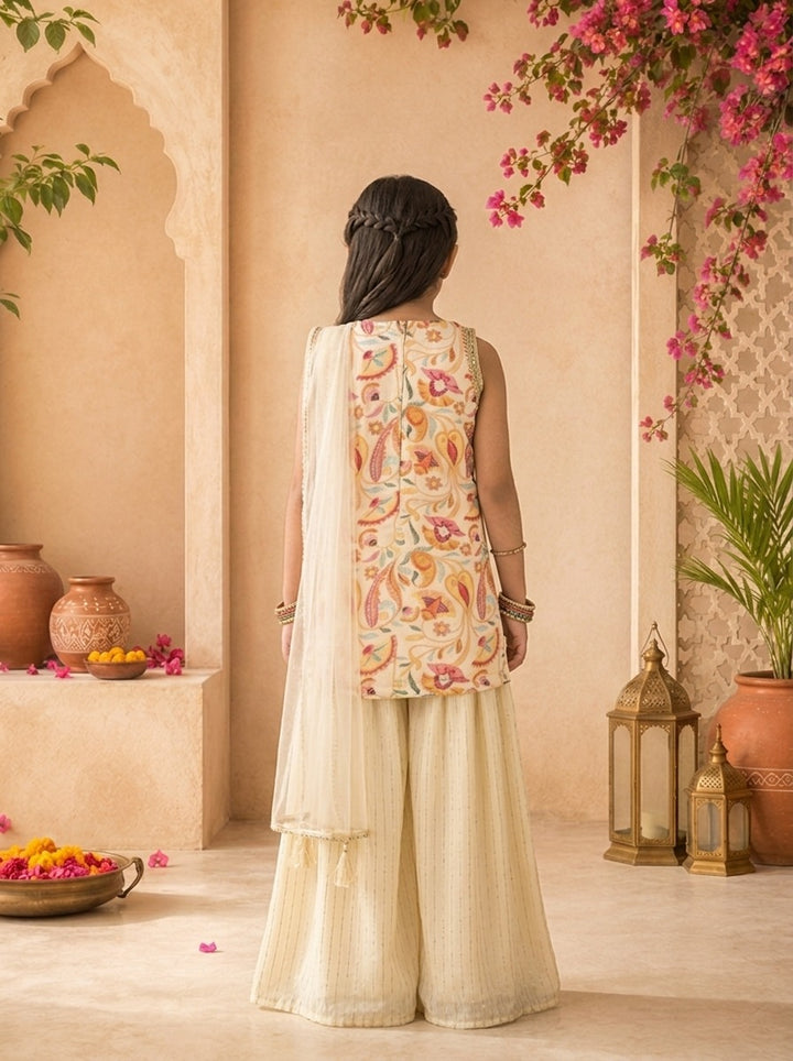 Cream Georgette Multicolor Kalamkari Printed And Embroidered Palazzo Set