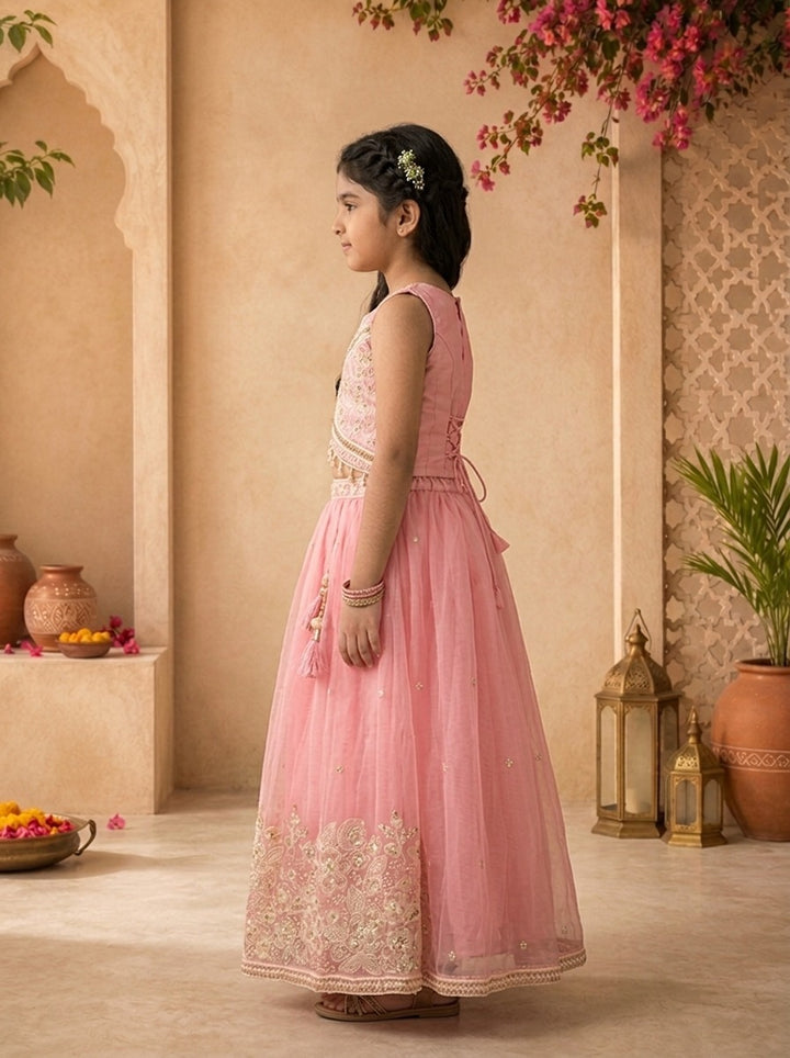 Pink Tissue Floral Stone And Thread Embroidered Ghagra Set