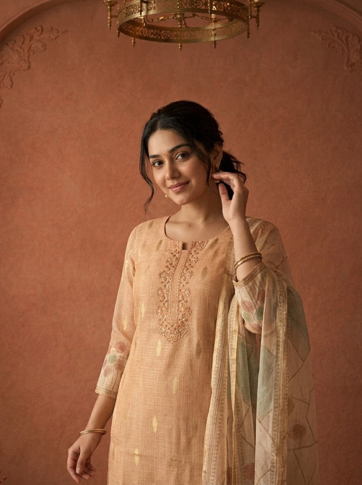 Beige Silk  Dandelion Printed Three Piece Set