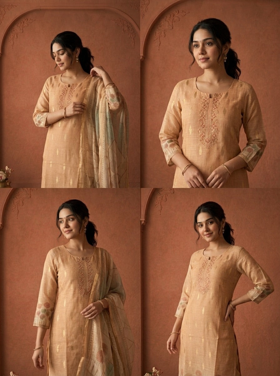 Beige Silk  Dandelion Printed Three Piece Set