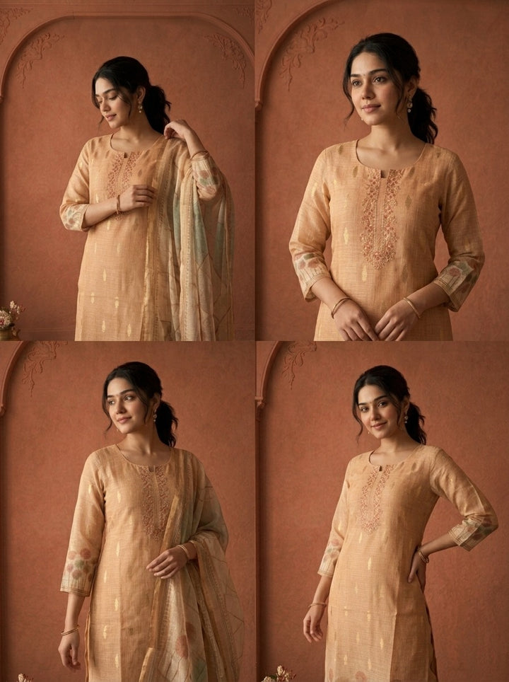 Beige Silk  Dandelion Printed Three Piece Set
