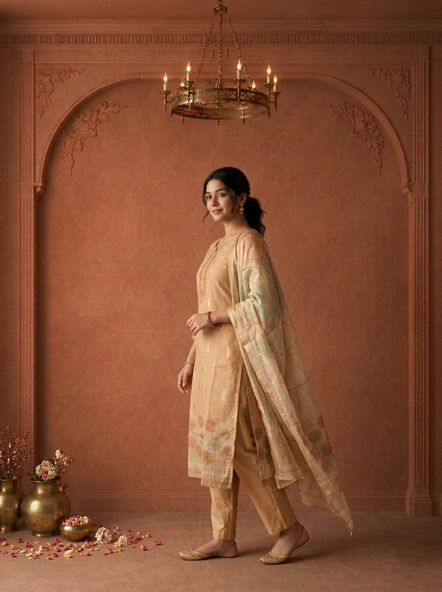 Beige Silk  Dandelion Printed Three Piece Set
