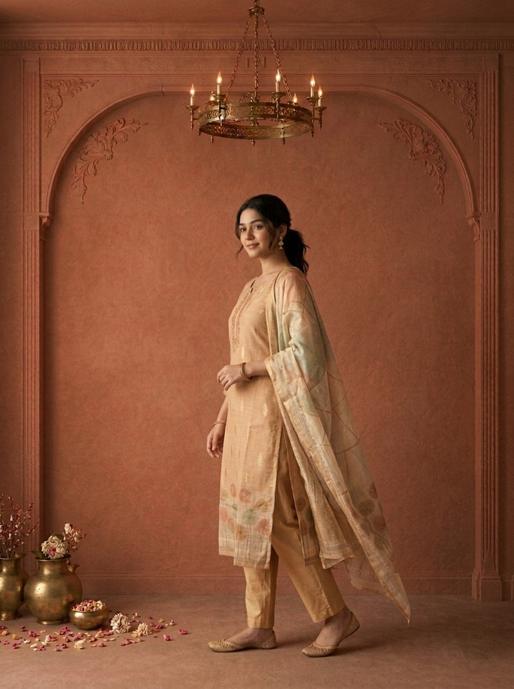 Beige Silk  Dandelion Printed Three Piece Set
