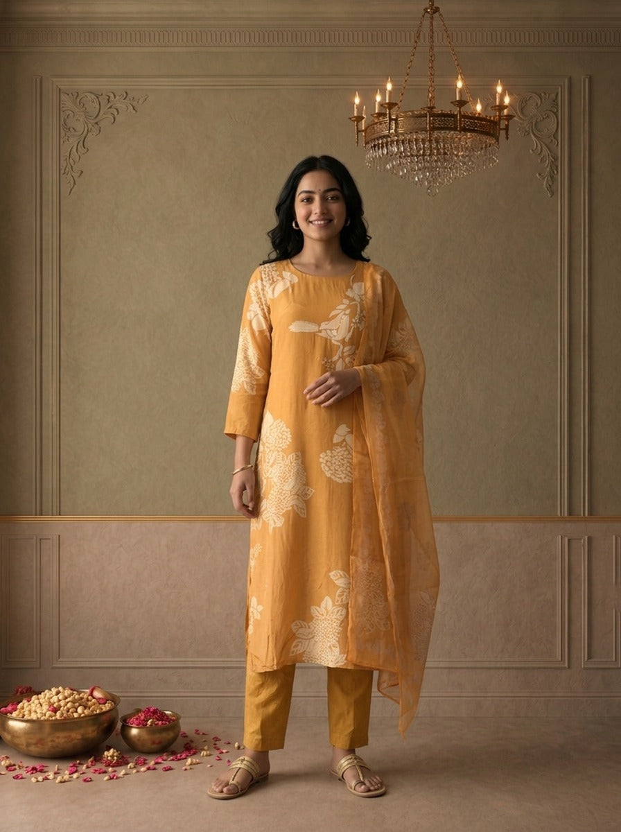 Mustard Crepe Minimal Floral Batik Printed Three Piece Set