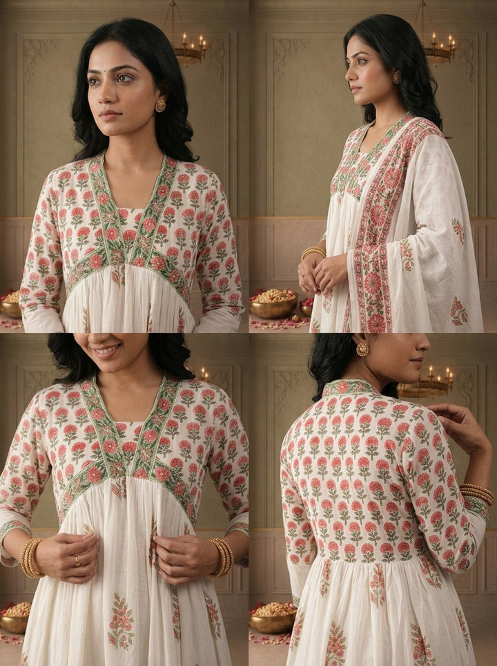 Off White Cotton Mughal Block Printed Three Piece Set