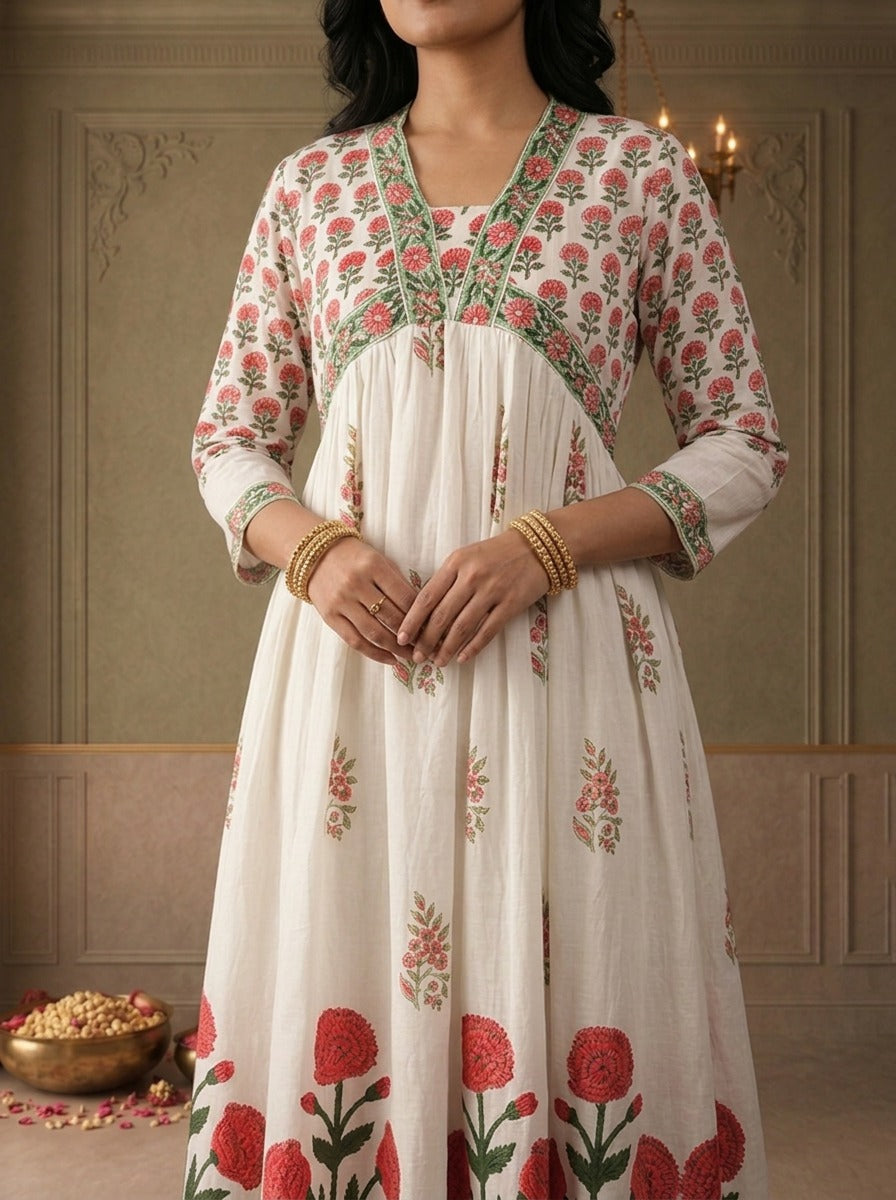 Off White Cotton Mughal Block Printed Three Piece Set