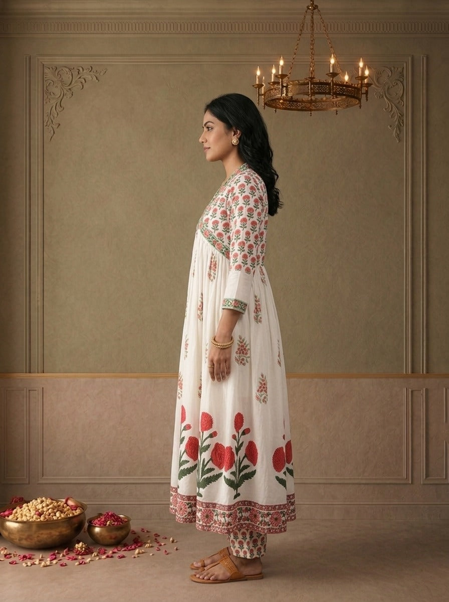 Off White Cotton Mughal Block Printed Three Piece Set