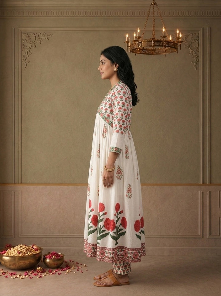 Off White Cotton Mughal Block Printed Three Piece Set