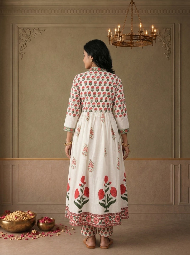 Off White Cotton Mughal Block Printed Three Piece Set