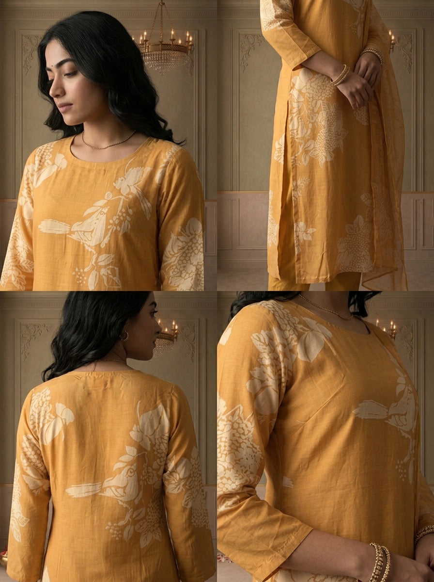 Mustard Crepe Minimal Floral Batik Printed Three Piece Set