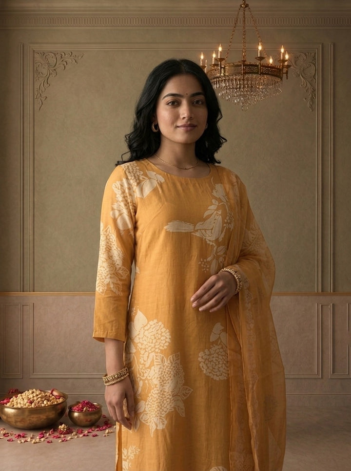 Mustard Crepe Minimal Floral Batik Printed Three Piece Set