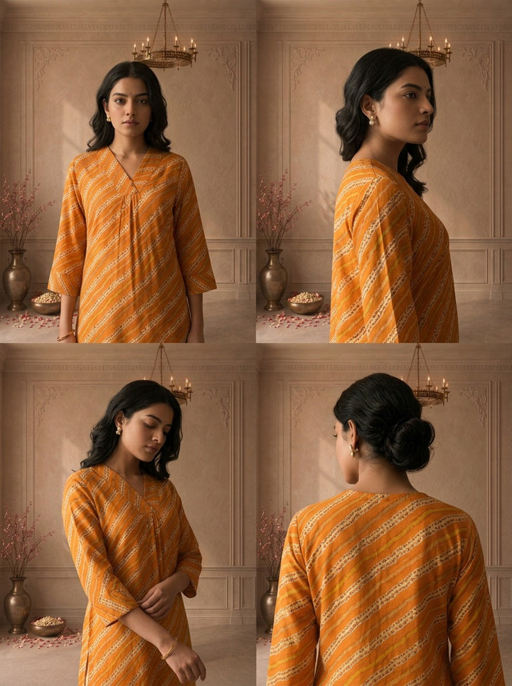 Mustard Rayon Leheriya Striped Printed Kurta