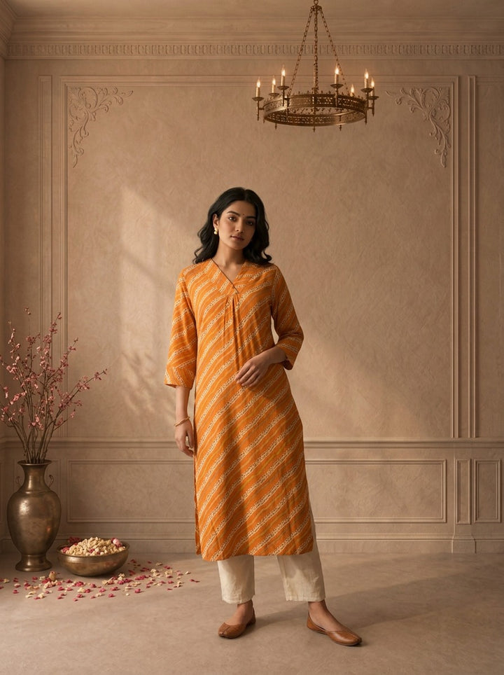 Mustard Rayon Leheriya Striped Printed Kurta
