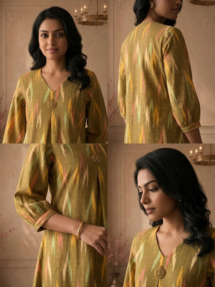 Green Cotton Ikkat Printed Kurta